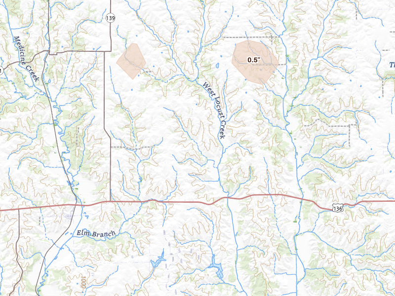 Radar-estimated hail-size map of the storm over Powersville, MO on Aug 15, 2026