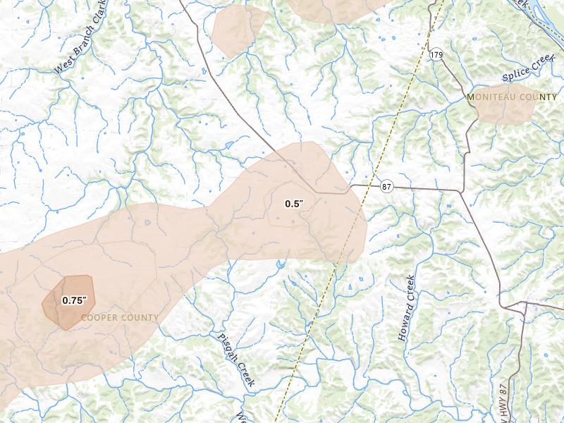 Radar-estimated hail-size map of the storm over Prairie Home, MO on Apr 27, 2026