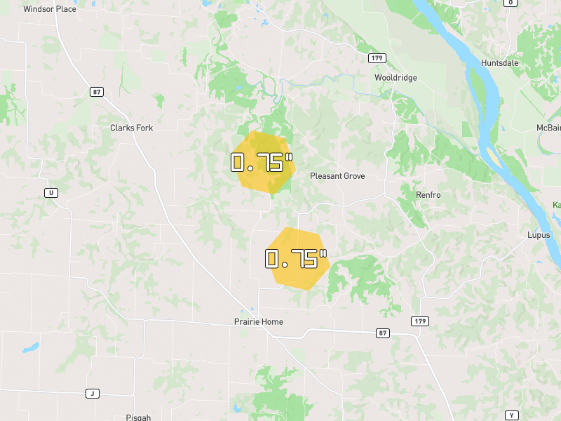 Hail map of Prairie Home, MO on Jun 1, 2026, hail up to 0.75"