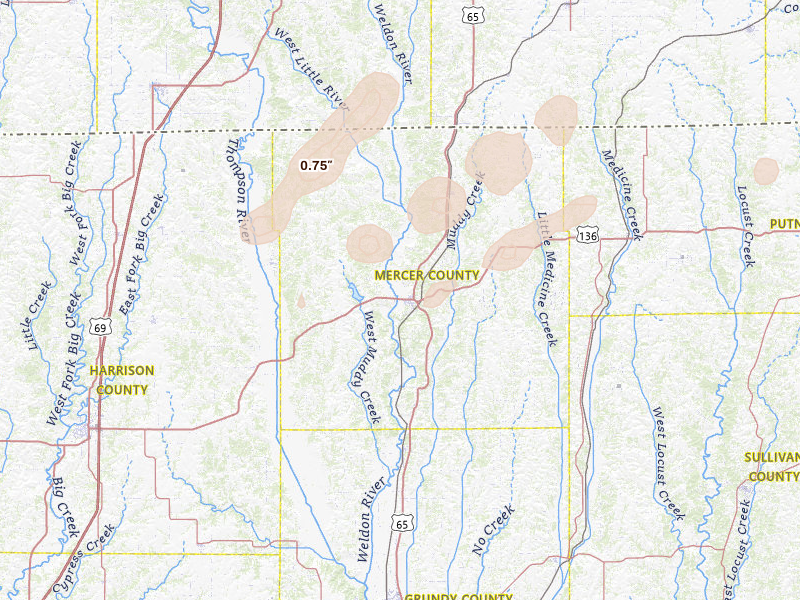 Radar-estimated hail-size map of the storm over Princeton, MO on Apr 2, 2026