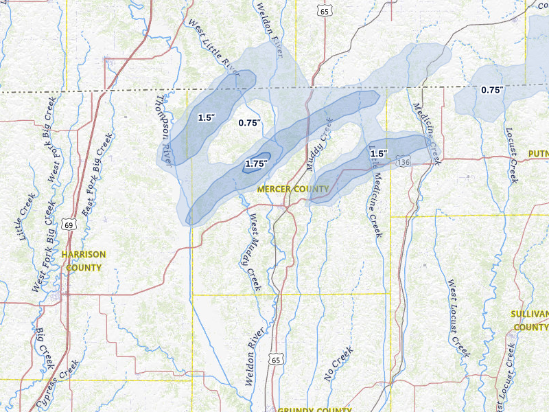 NEXRAD radar-signature map of the hail storm over Princeton, MO on Apr 2, 2026