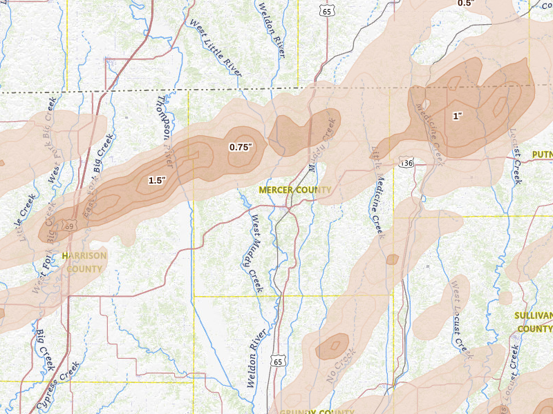 Radar-estimated hail-size map of the storm over Princeton, MO on Apr 17, 2026