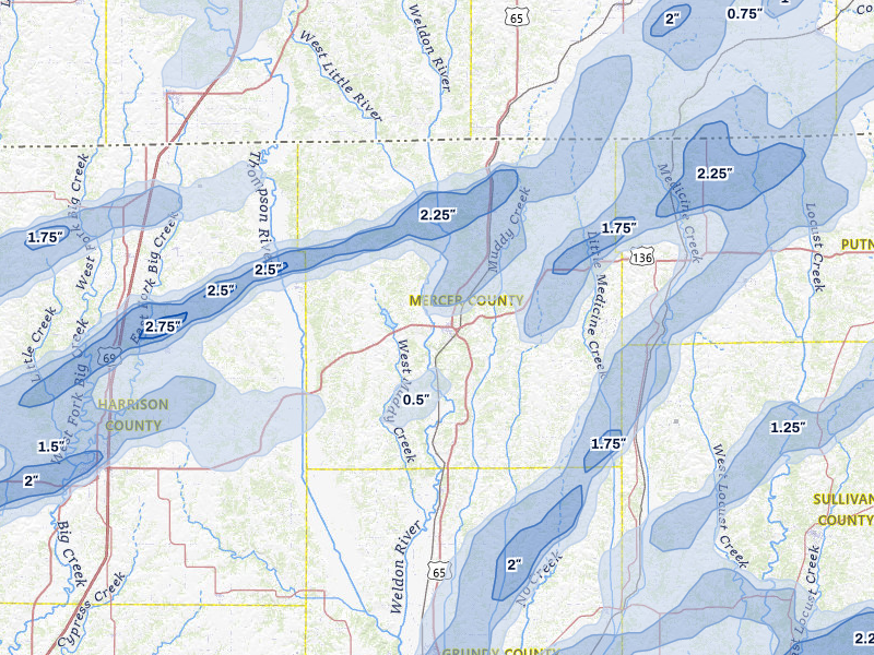 NEXRAD radar-signature map of the hail over Princeton, MO