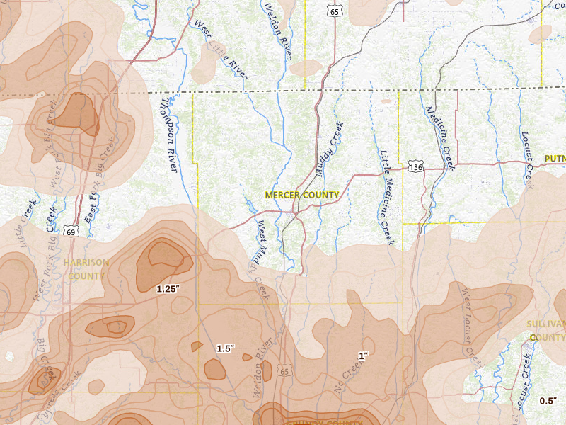 Radar-estimated hail-size map of the storm over Princeton, MO on May 16, 2026