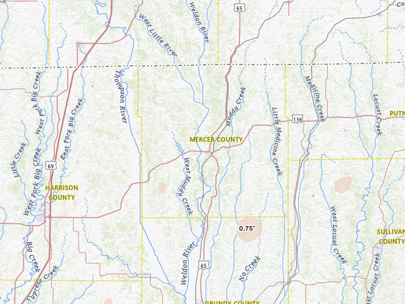 Radar-estimated hail-size map of the storm over Princeton, MO on Jun 6, 2026