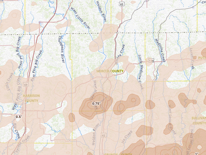 Radar-estimated hail-size map of the storm over Princeton, MO on Jun 10, 2026