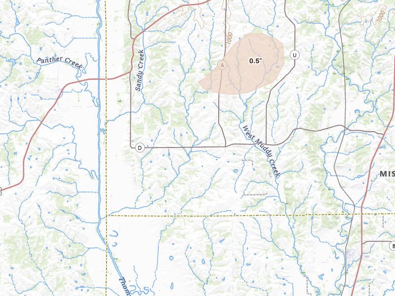 Radar-estimated hail-size map of the storm over Princeton, MO on Aug 19, 2026
