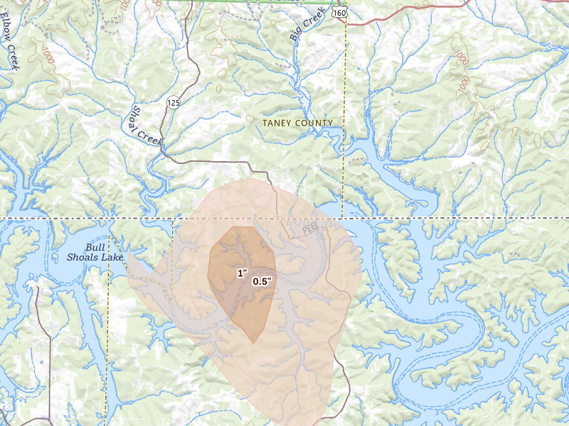 Radar-estimated hail-size map of the storm over Protem, MO on Aug 26, 2026