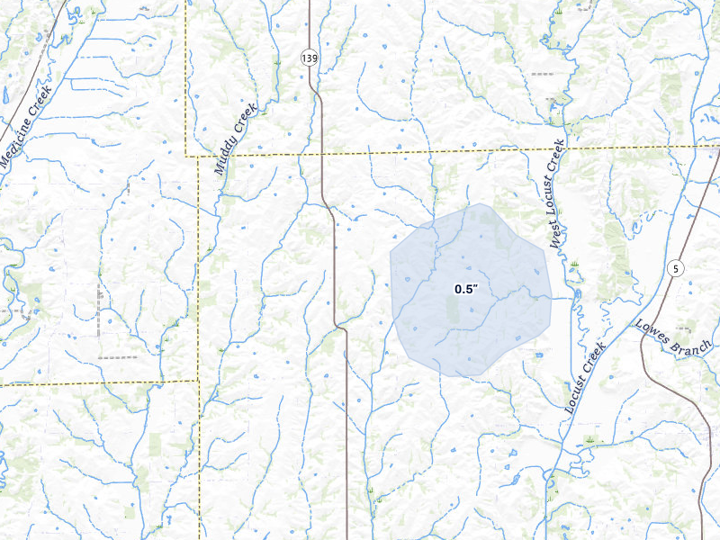 NEXRAD radar-signature map of the hail storm over Purdin, MO on Mar 5, 2026