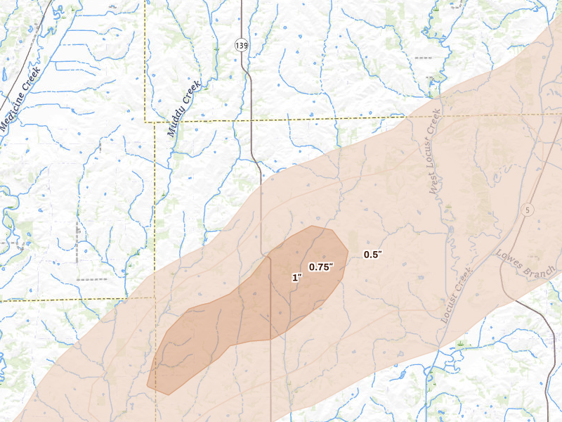 Radar-estimated hail-size map of the storm over Purdin, MO on Mar 10, 2026