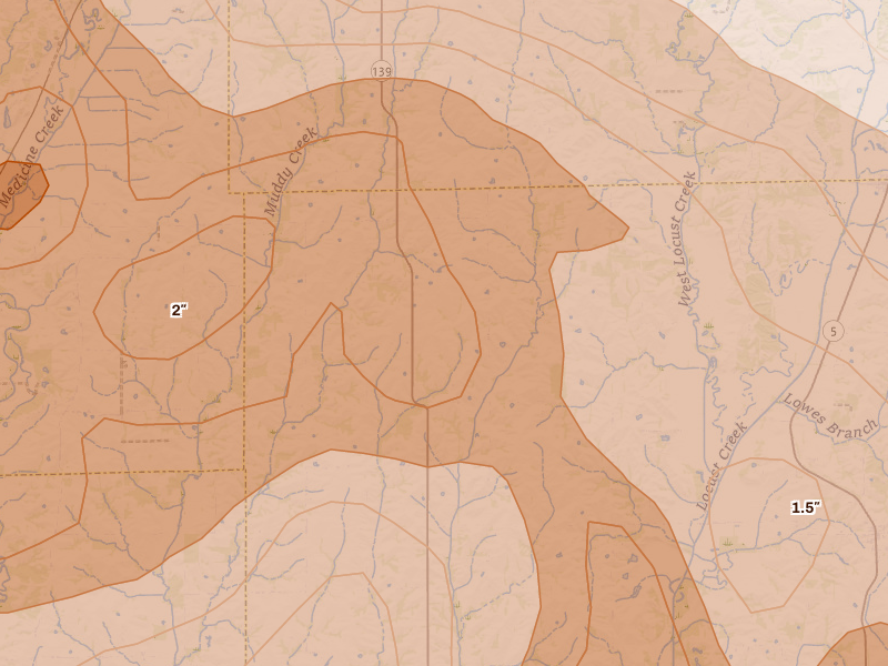 Radar-estimated hail-size map of the storm over Purdin, MO on May 16, 2026