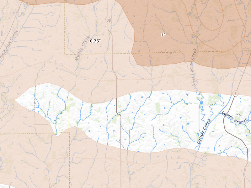 Radar-estimated hail-size map of the storm over Purdin, MO on Jun 10, 2026