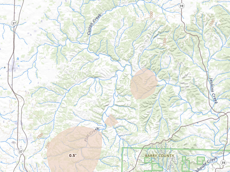 Radar-estimated hail-size map of the storm over Purdy, MO on Mar 6, 2026