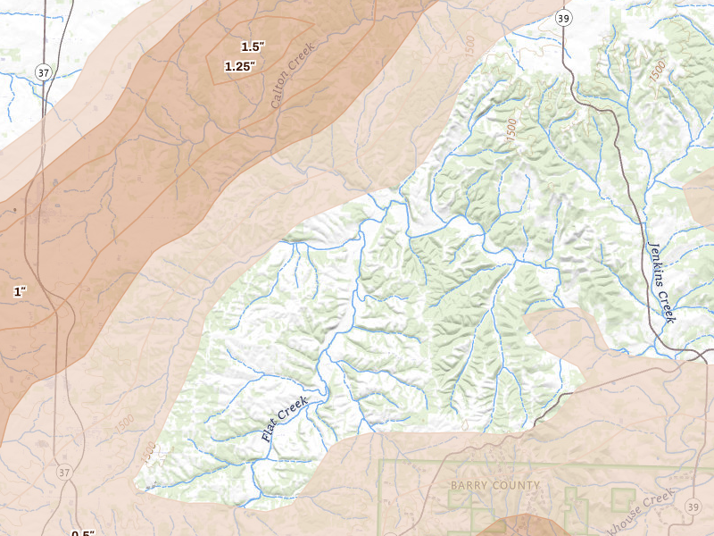 Radar-estimated hail-size map of the storm over Purdy, MO on Apr 28, 2026