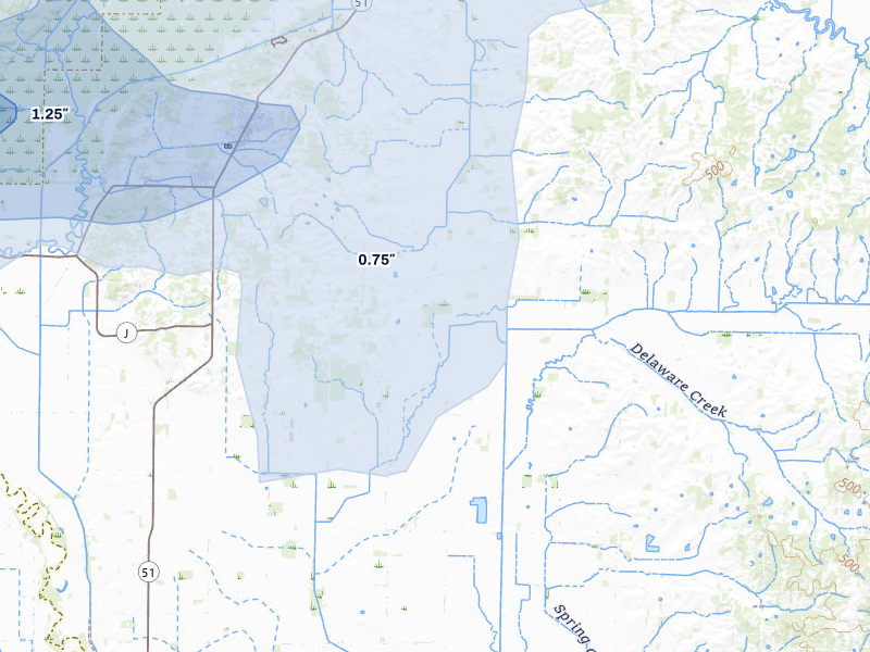 NEXRAD radar-signature map of the hail storm over Puxico, MO on Jul 4, 2026