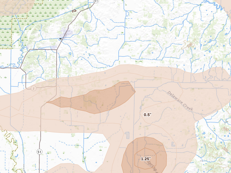 Radar-estimated hail-size map of the storm over Puxico, MO on Jul 9, 2026