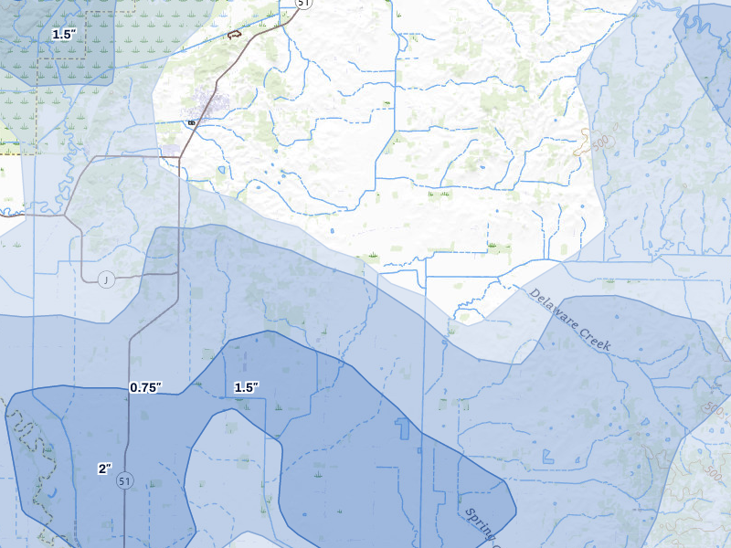 NEXRAD radar-signature map of the hail storm over Puxico, MO on Jul 9, 2026