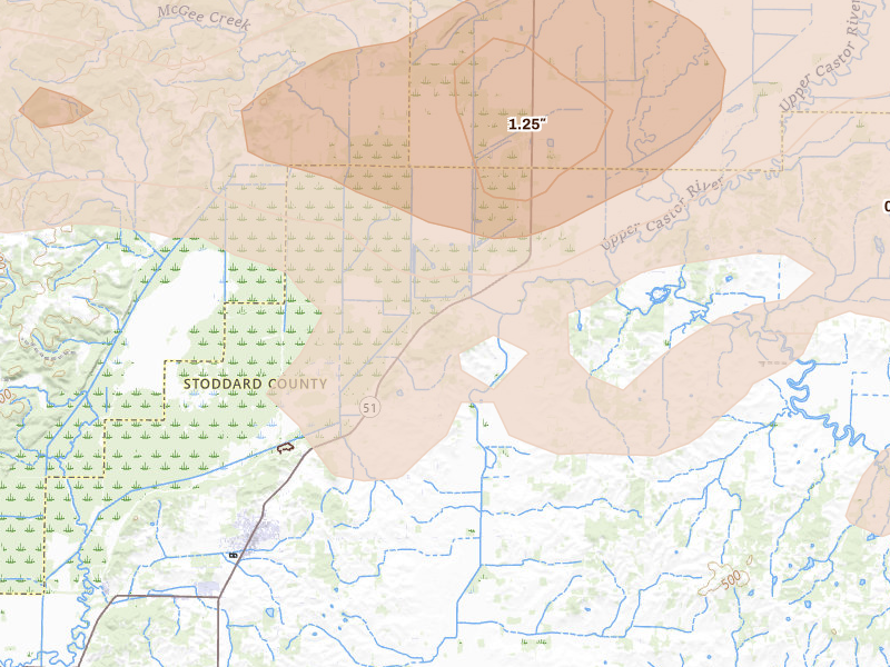 Radar-estimated hail-size map of the storm over Puxico, MO on Aug 19, 2026
