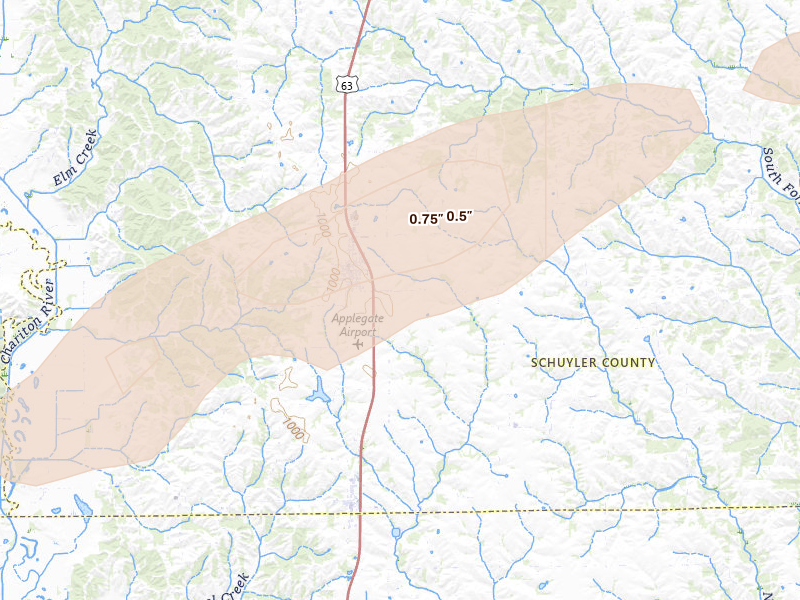 Radar-estimated hail-size map of the storm over Queen City, MO on Mar 10, 2026