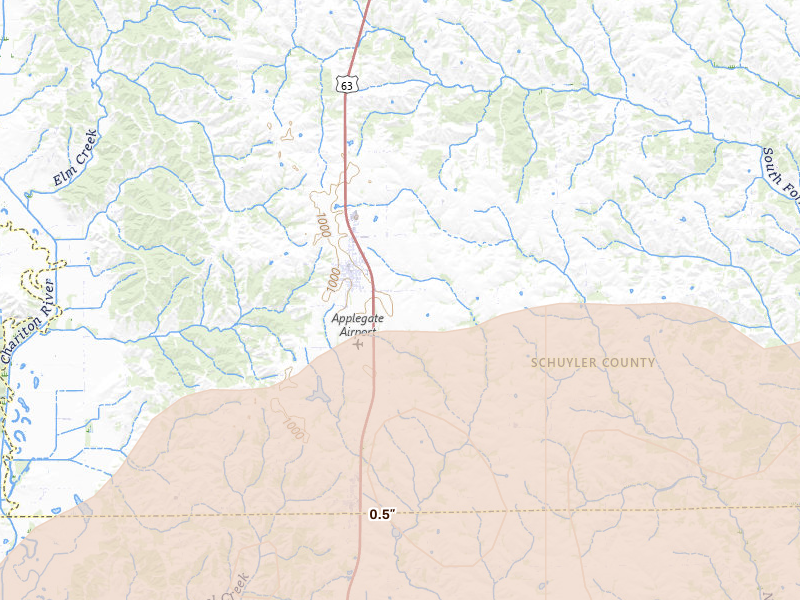 Radar-estimated hail-size map of the storm over Queen City, MO on Jun 10, 2026