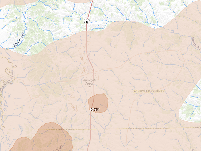 Radar-estimated hail-size map of the storm over Queen City, MO on Jun 11, 2026
