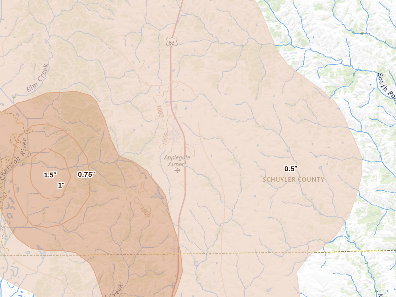 Radar-estimated hail-size map of the storm over Queen City, MO on Jul 20, 2026