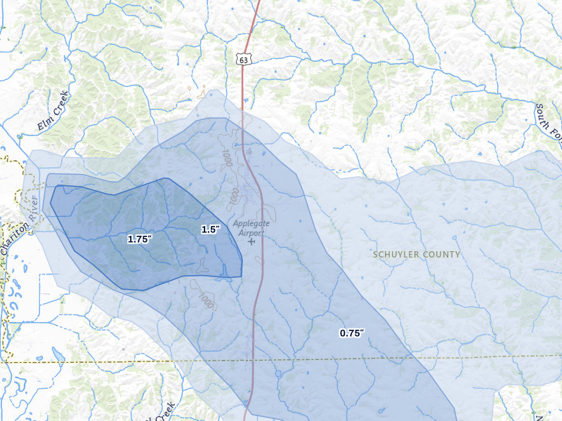 NEXRAD radar-signature map of the hail storm over Queen City, MO on Jul 20, 2026