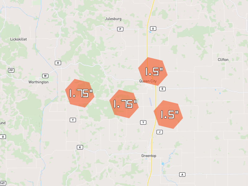 Hail map of Queen City, MO on Jul 21, 2026, hail up to 1.75"