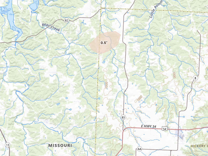Radar-estimated hail-size map of the storm over Quincy, MO on Apr 27, 2026