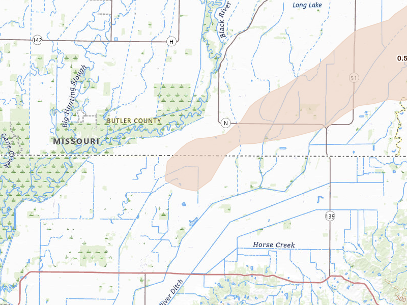 Radar-estimated hail-size map of the storm over Qulin, MO on Mar 4, 2026
