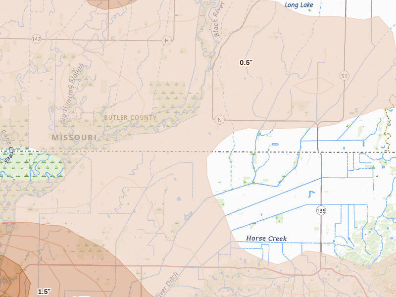 Radar-estimated hail-size map of the storm over Qulin, MO on Apr 16, 2026