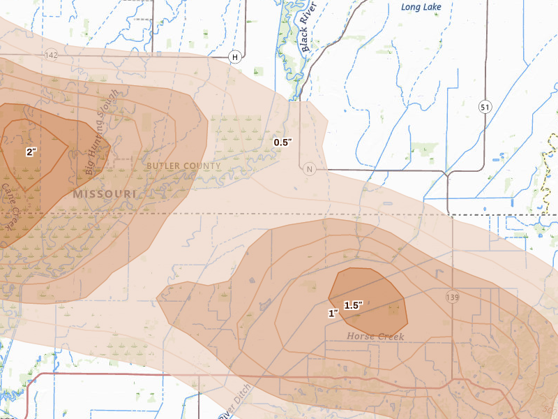 Radar-estimated hail-size map of the storm over Qulin, MO on Apr 28, 2026