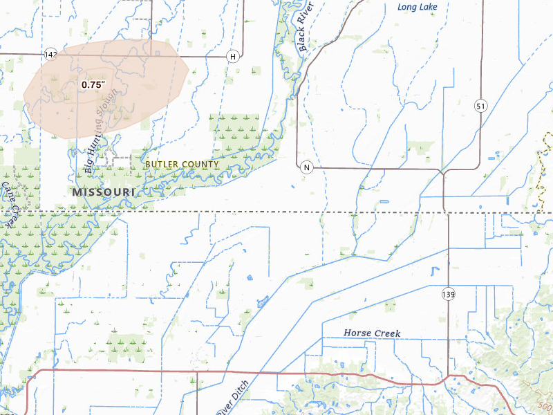 Radar-estimated hail-size map of the storm over Qulin, MO on Jun 9, 2026