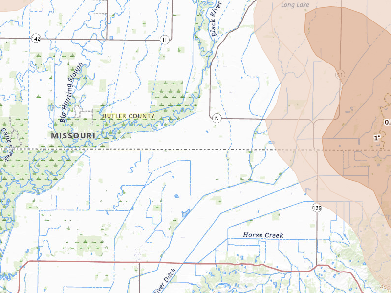 Radar-estimated hail-size map of the storm over Qulin, MO on Jul 9, 2026
