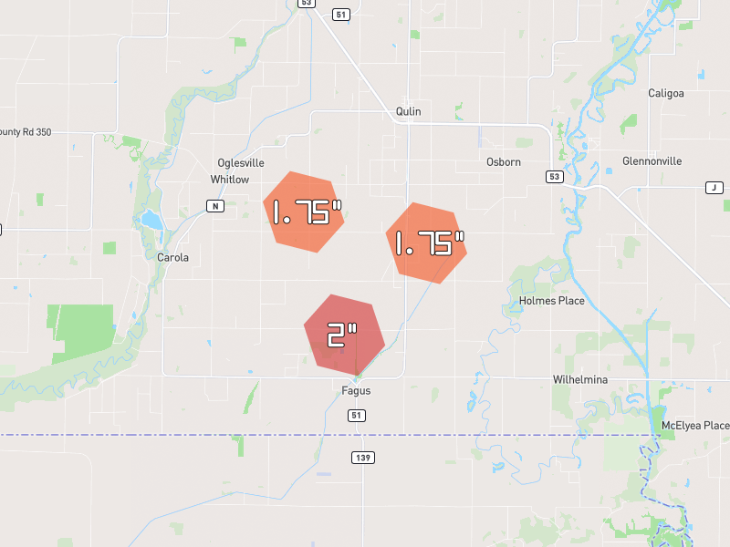 Hail map of Qulin, MO on Jul 9, 2026, hail up to 2"