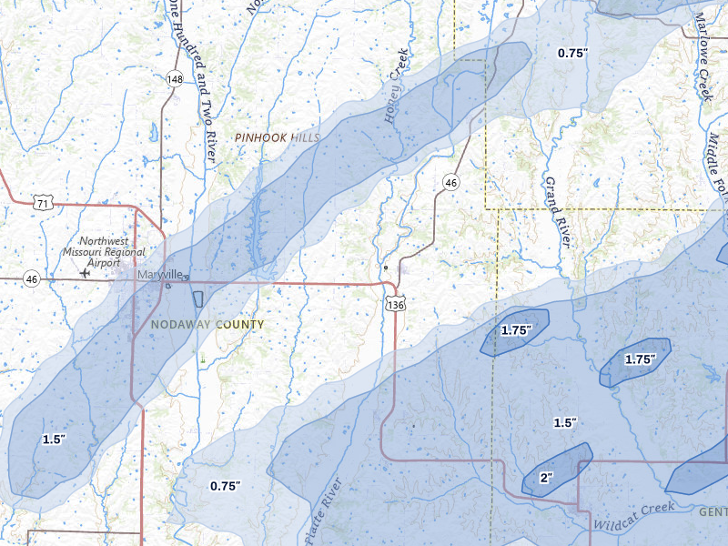 NEXRAD radar-signature map of the hail over Ravenwood, MO