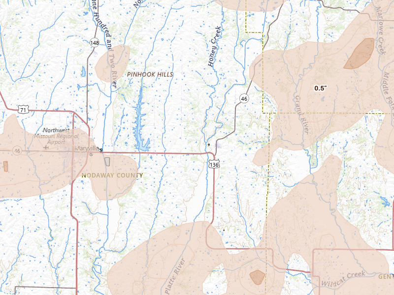 Radar-estimated hail-size map of the storm over Ravenwood, MO on May 16, 2026
