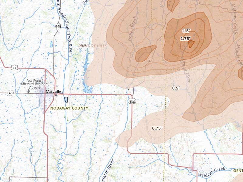 Radar-estimated hail-size map of the storm over Ravenwood, MO on Jun 11, 2026