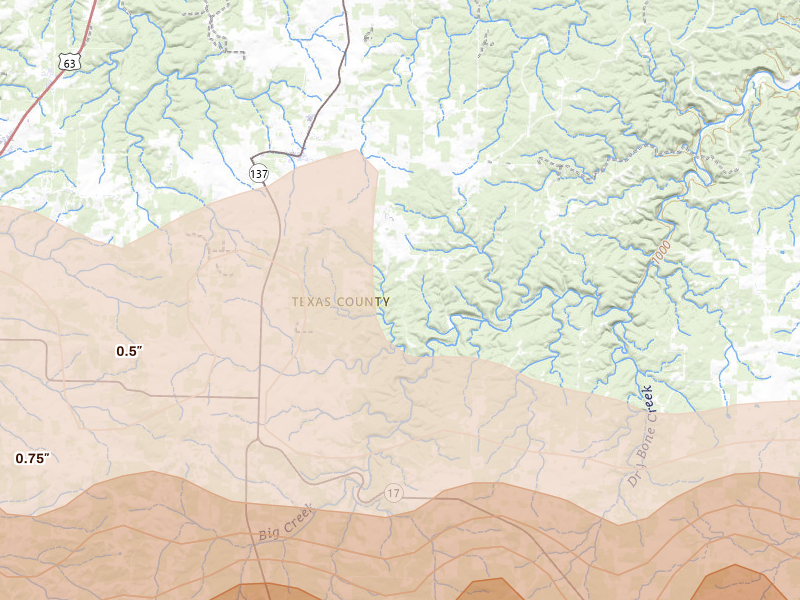 Radar-estimated hail-size map of the storm over Raymondville, MO on Apr 27, 2026