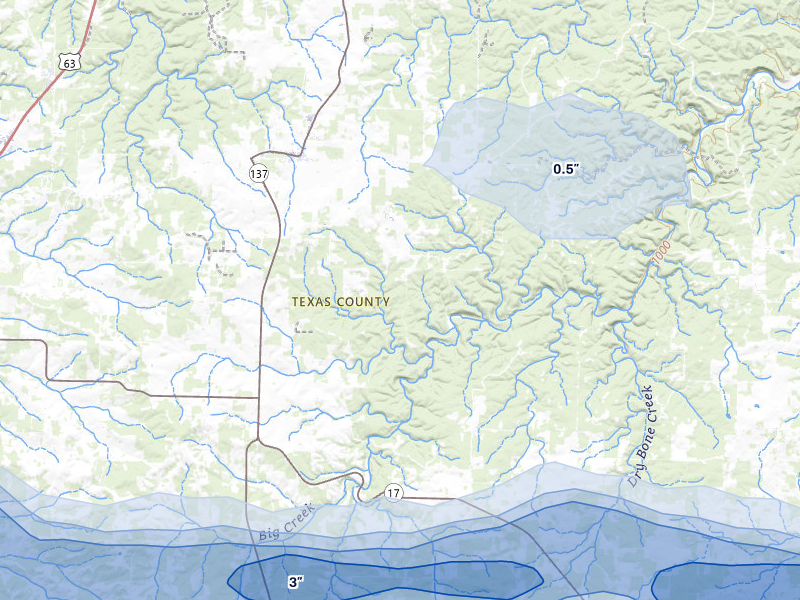 NEXRAD radar-signature map of the hail over Raymondville, MO