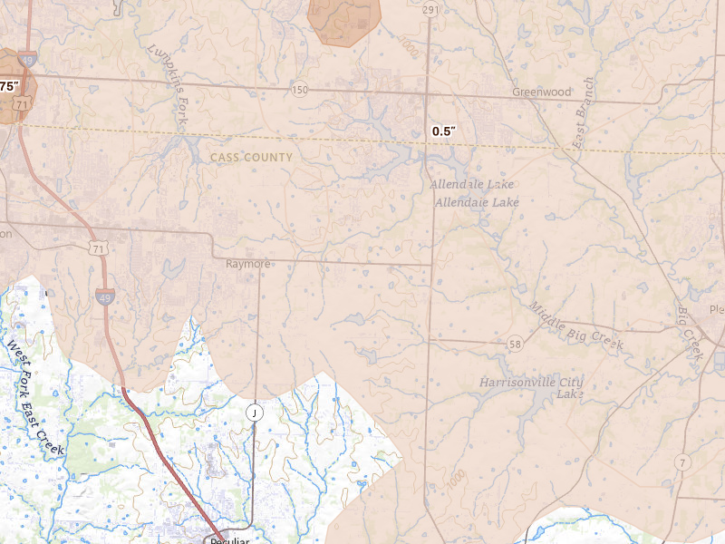 Radar-estimated hail-size map of the storm over Raymore, MO on Apr 26, 2026