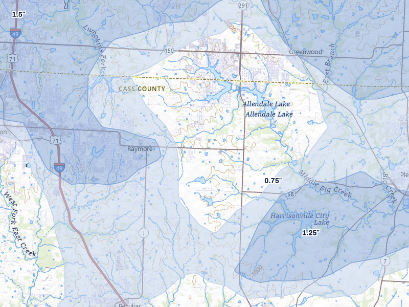 NEXRAD radar-signature map of the hail storm over Raymore, MO on Apr 26, 2026