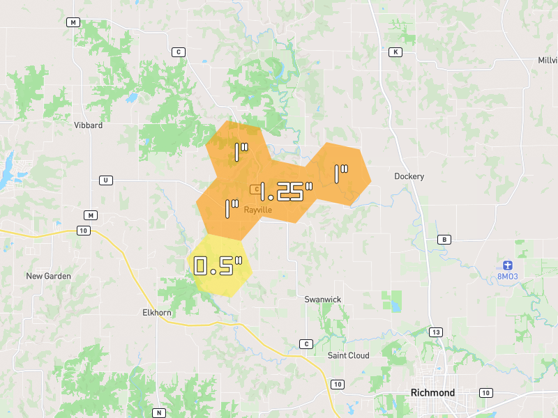 Hail map of Rayville, MO on Jul 4, 2026, hail up to 1.25"