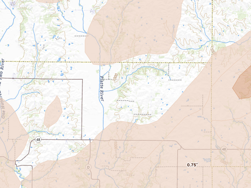 Radar-estimated hail-size map of the storm over Rea, MO on May 16, 2026