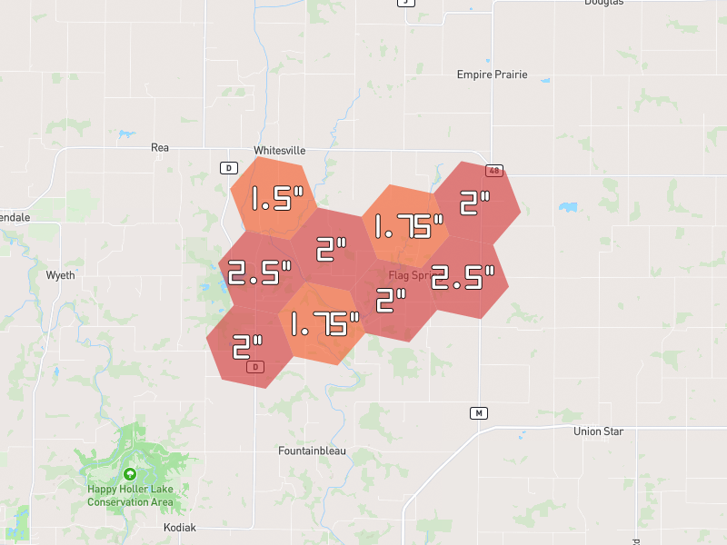 Hail map of Rea, MO on Jun 4, 2026, hail up to 2.5"