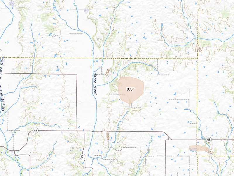 Radar-estimated hail-size map of the storm over Rea, MO on Aug 9, 2026