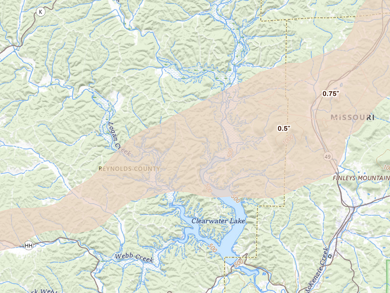 Radar-estimated hail-size map of the storm over Redford, MO
