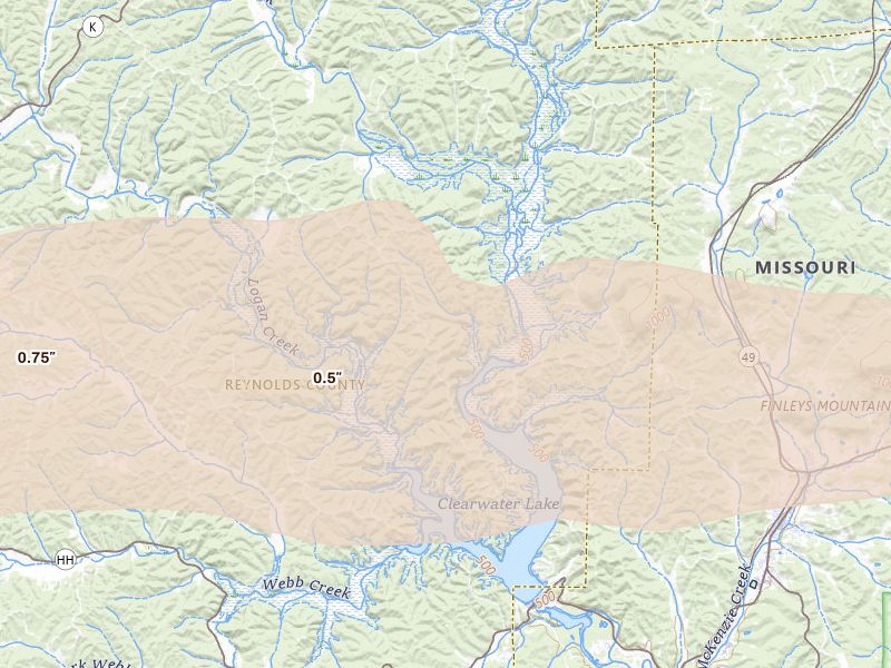 Radar-estimated hail-size map of the storm over Redford, MO on Apr 27, 2026