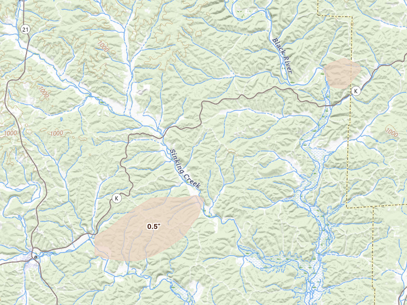 Radar-estimated hail-size map of the storm over Redford, MO on Aug 7, 2026