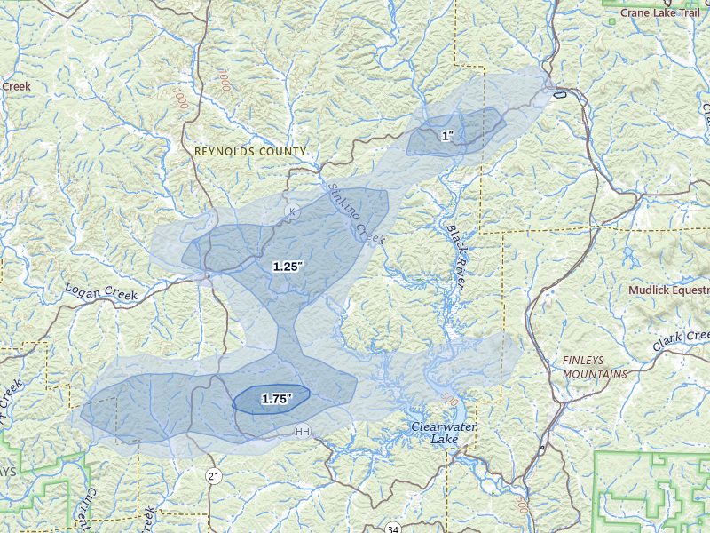 NEXRAD radar-signature map of the hail storm over Redford, MO on Aug 7, 2026